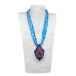 Necklace 3 thread turquoise Arizona. Silver central with lapis lazuli and coral. Silver . Length 72