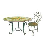 Round table in lava stone and 4 chairs. Decorated polychrome ceramic with twenty rose. Four wrought