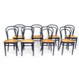 8 Thonet chairs, model214, manufacturing label. In steamed beech and vienna straw sitting, dark blue