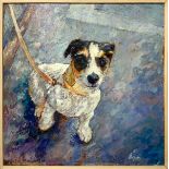 Oil painting on an integrated cardboard depicting little dog ""Milan in front of the supermarket"".