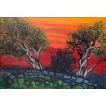 Oil painting on canvas depicting landscape with trees. Signed on the bottom left friend 74 53x80 cm.
