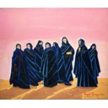 Oil painting on canvas depicting women with black clothes in the desert. Signed on the bottom right
