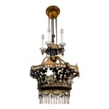 Golden brass chandelier, early 20th century. With glass cannulas and brass decoration in Liberty sty