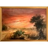Oil painting on canvas depicting landscape at sunset, signed M.turiano. 100x70 cm