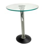Reclining coffee table, base and metal support rod and glass top. H 66 cm. H 66 cm