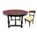 Round mahogany extendable table with four chairs and service extensions