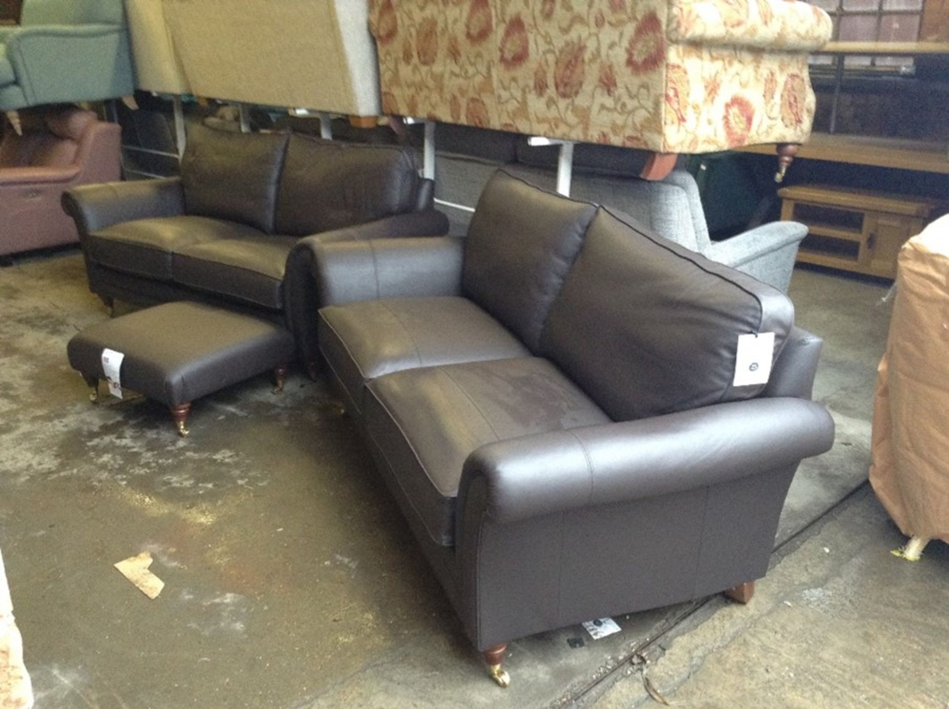 BROWN LEATHER X2 3 SEATER SOFAS & FOOT STOOL TR002
