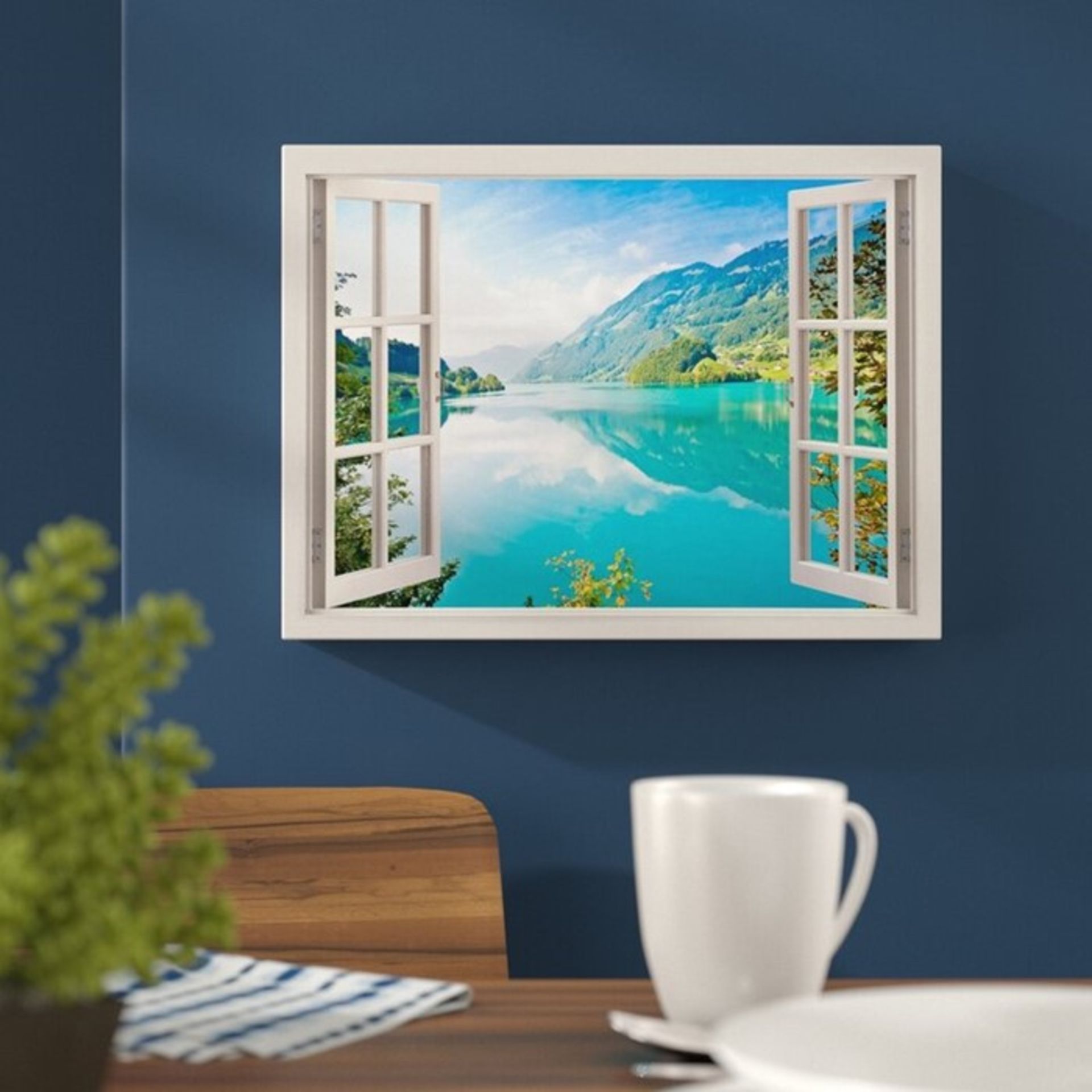 Hokku Designs,Mountain, Lake and Forest Window View Effect Photographic Print on Wrapped Canvas