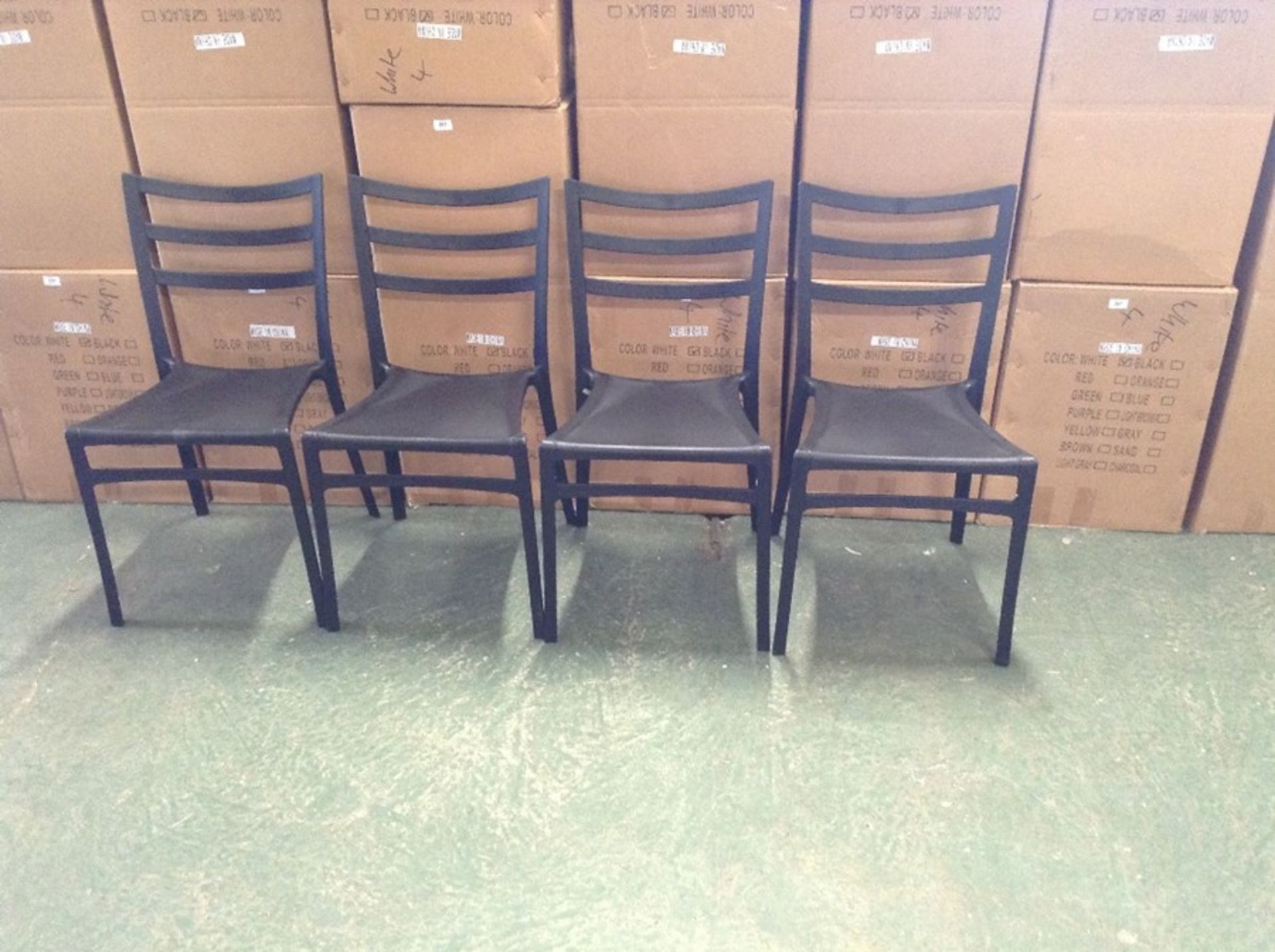 X4 BLACK PLASTIC STACKING CHAIRS (BOXED & RETURN)