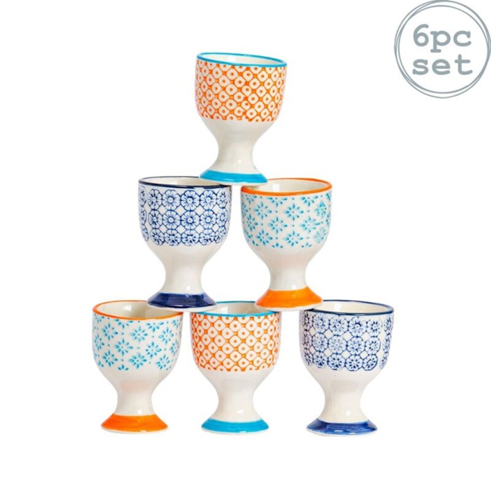 Nicola Spring, Breakfast 4 Piece Egg Cup Set (2 LIGHT BLUE 1 ORANGE 1 DARK BLUE PATTERN) - RRP £10.