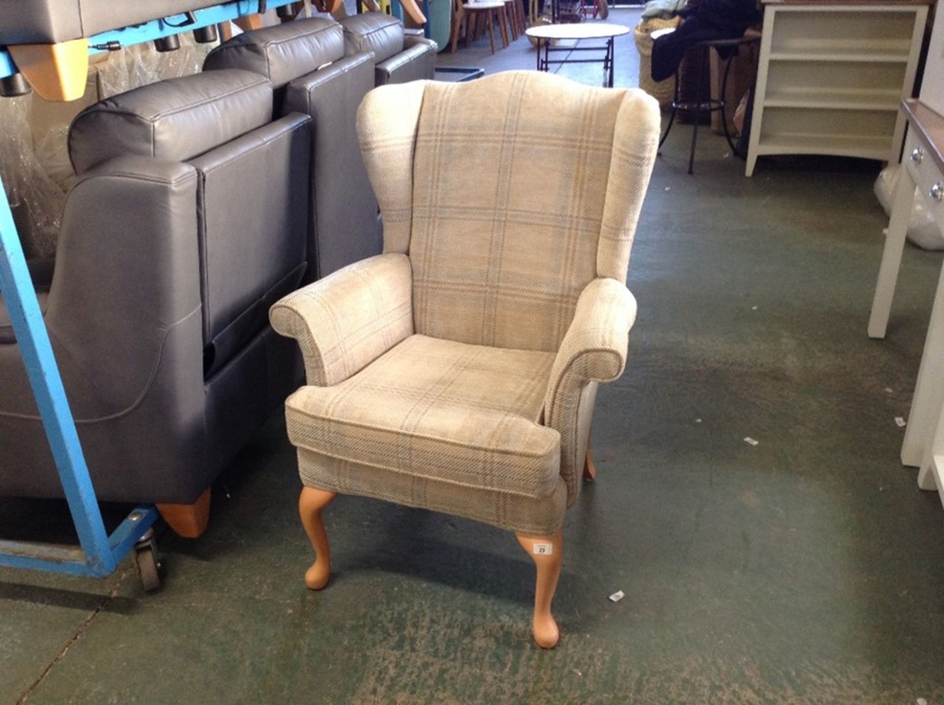 BEIGE CHEQUERED WING CHAIR (LOOSE STITCHING ON BAC