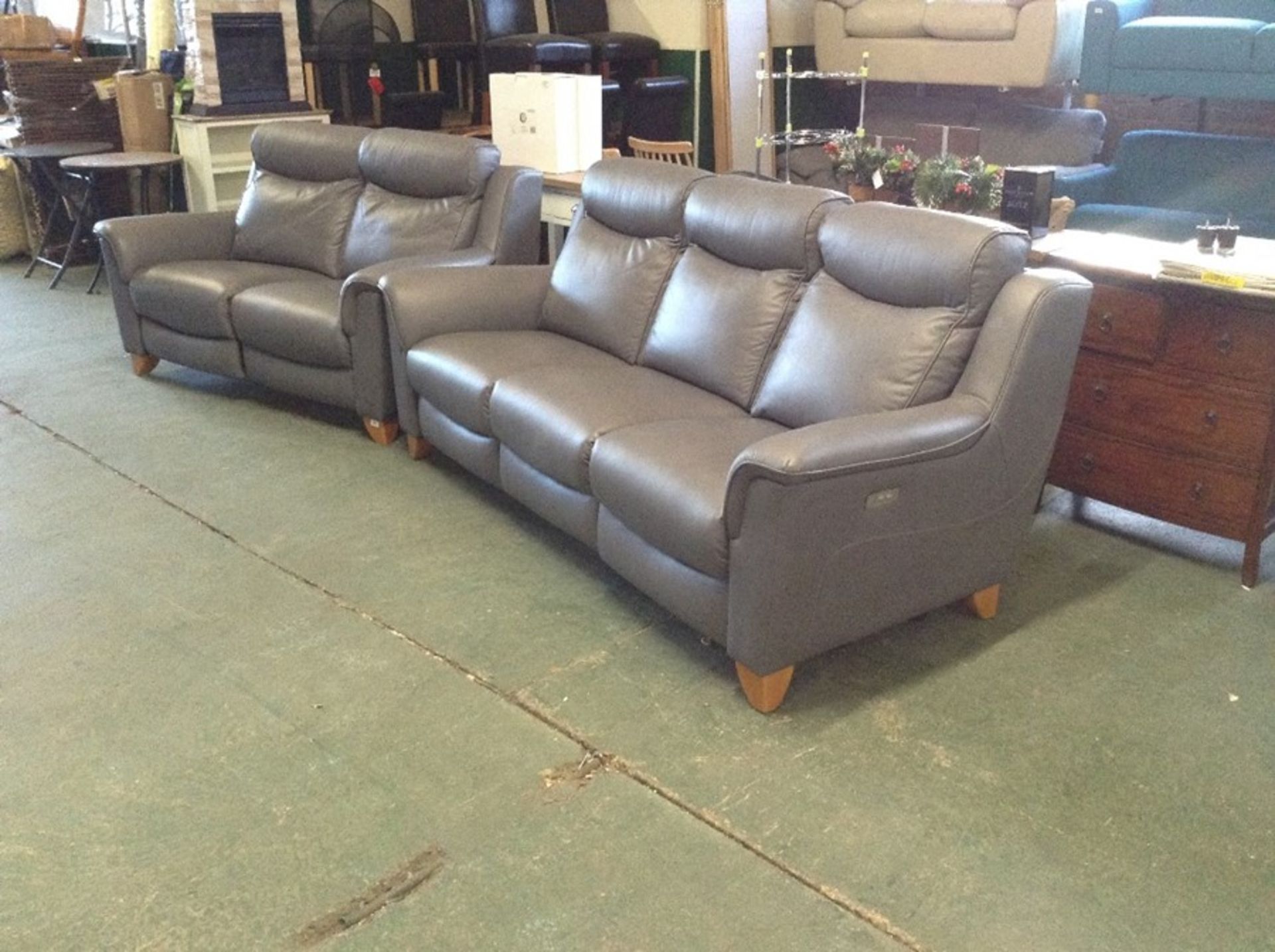 GREY LEATHER ELECTRIC RECLINING 3 SEATER, & 2 SEAT