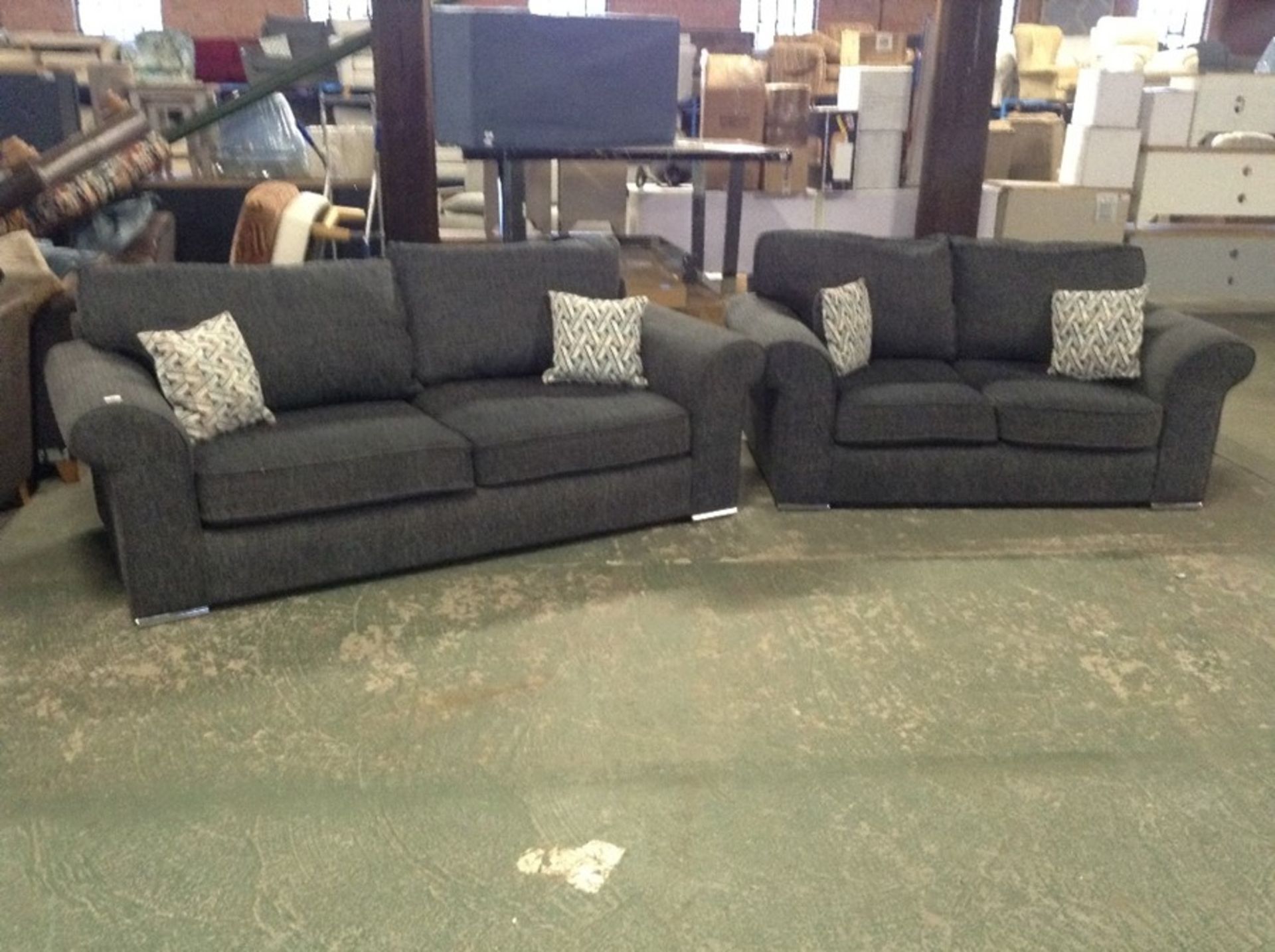 CHARCOAL FABRIC 3 SEATER SOFA AND 2 SEATER SOFA ((