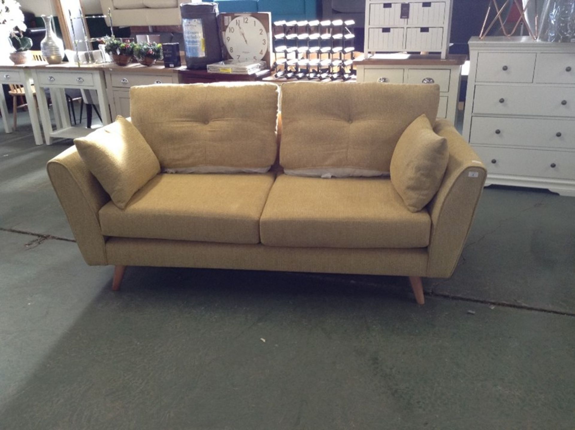 YELLOW FABRIC 3 SEATER SOFA (BEOKEN ZIPS ON BOTH B