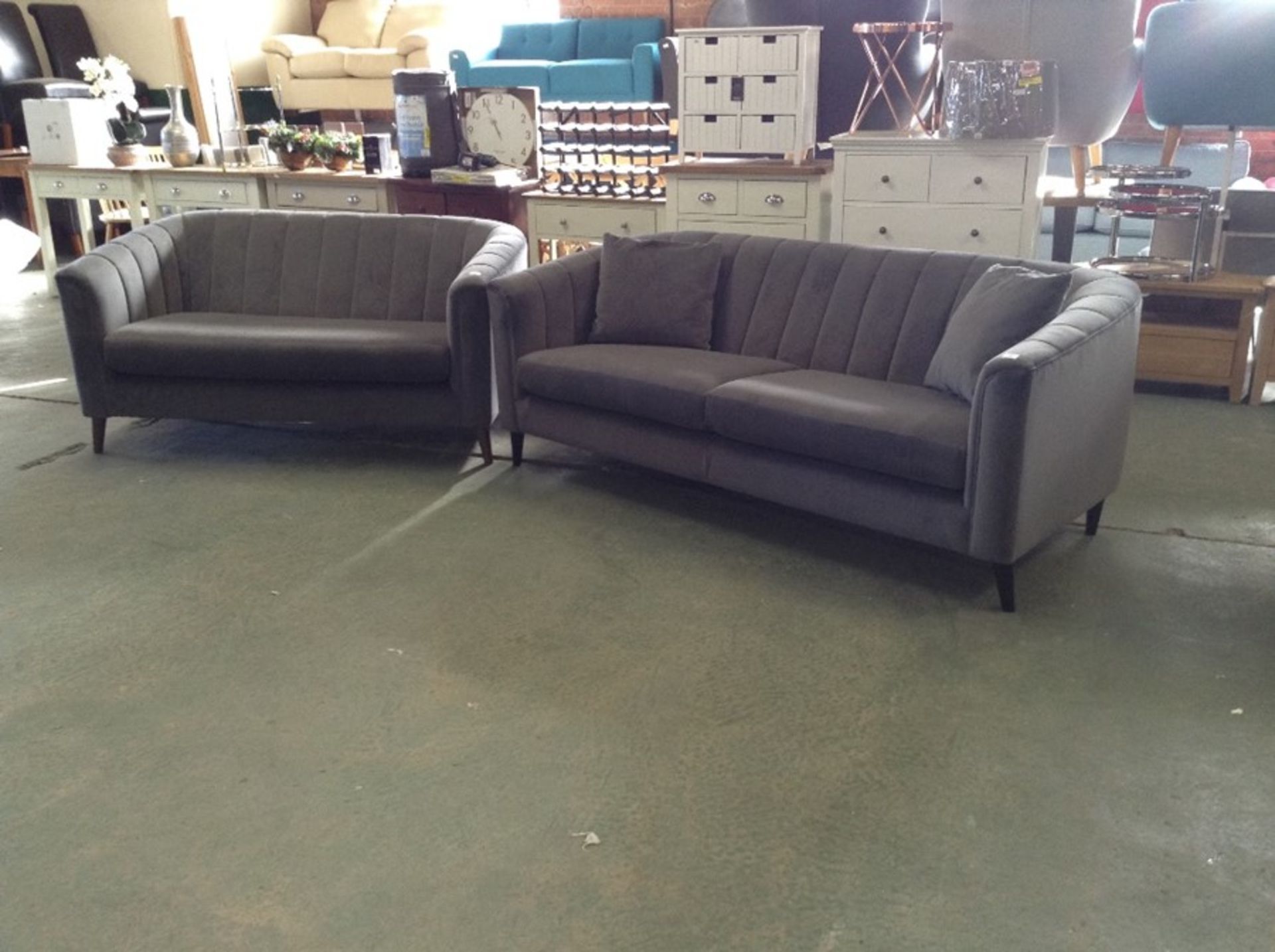 GREY VELVET 3 SEATER , 2 SEATER (SMALL RIP ON BACK