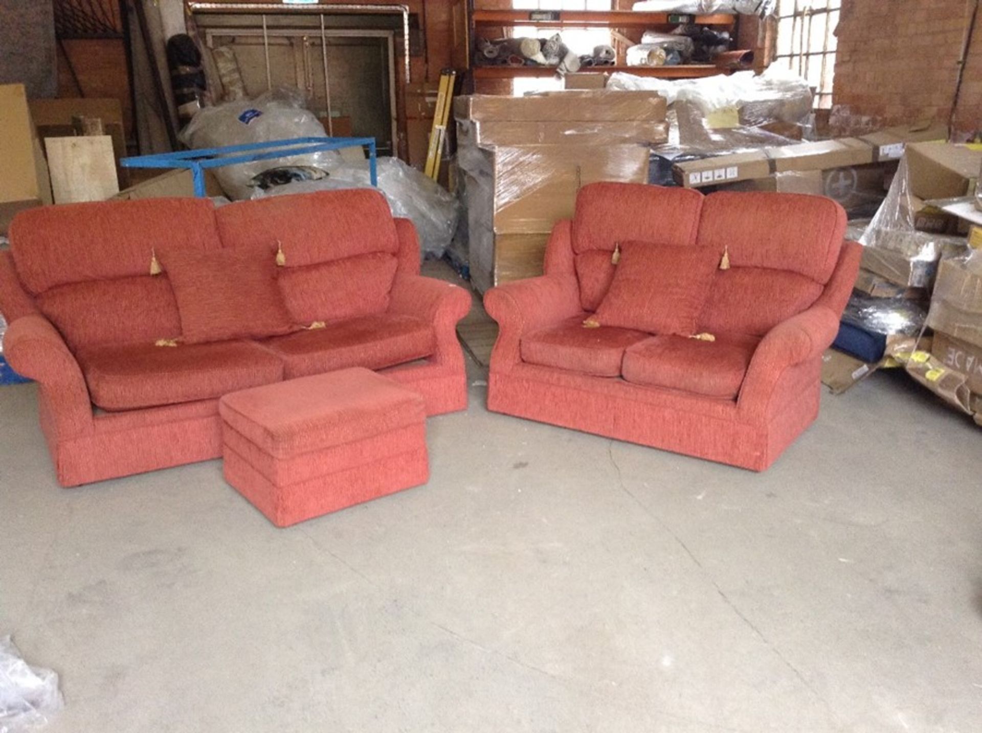 RED FABRIC 3 SEATER & 2 SEATER & FOOT STOOL (RETUR