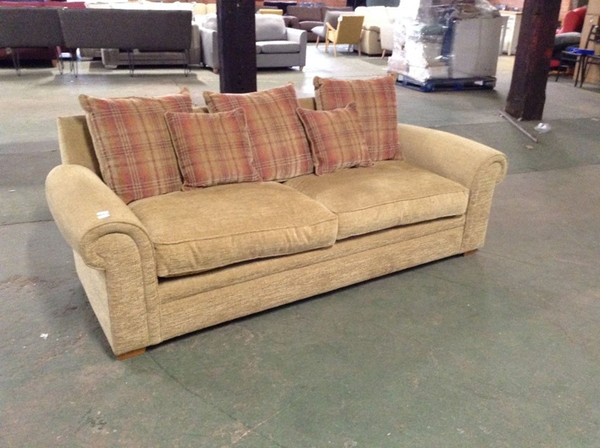 BEIGE FABRIC 3 SEATER SOFA (MISSING BACK CUSHIONS)