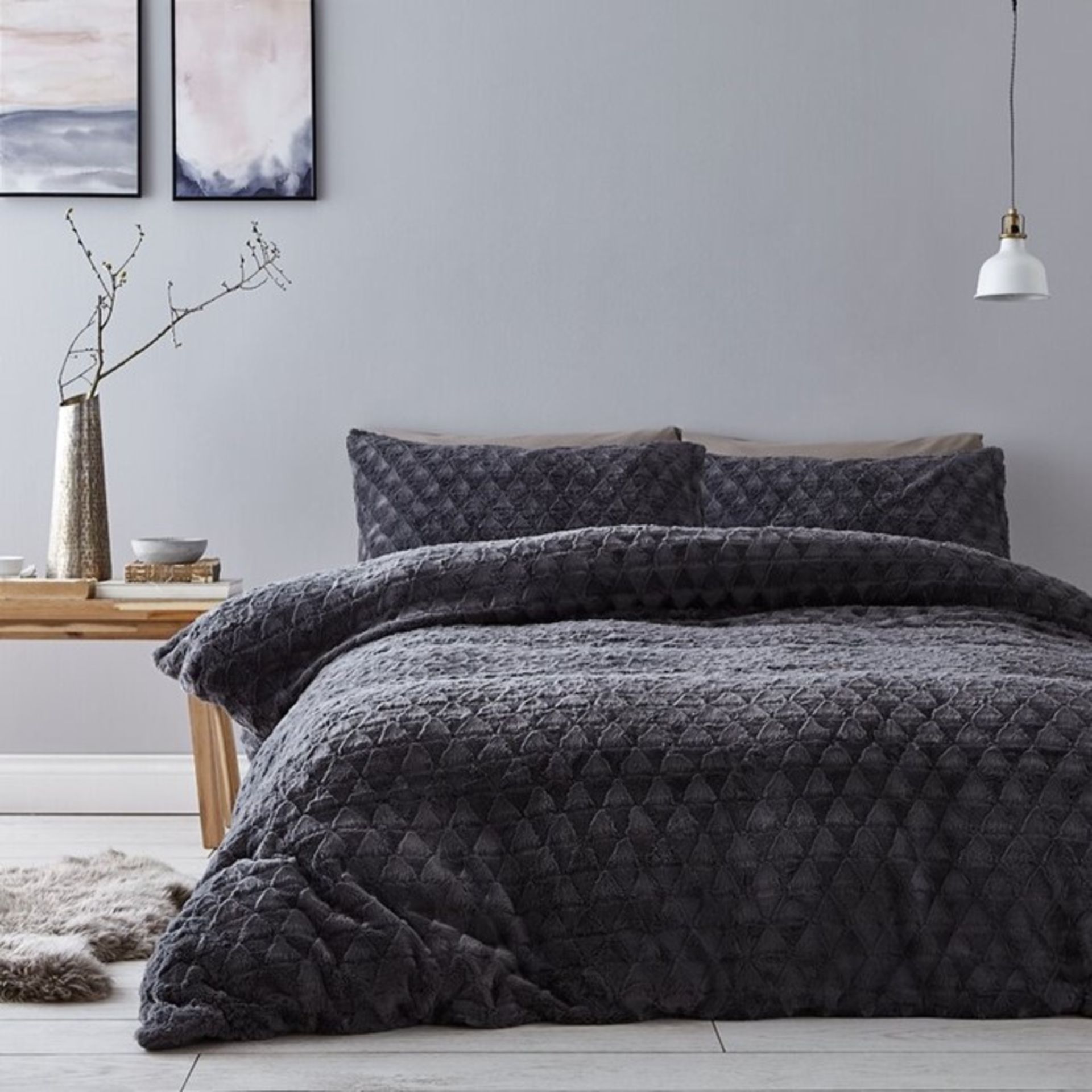 Catherine Lansfield, Soft Touch Diamond Fur Duvet Cover Set (SUPERKING / GREY) - RRP £49.99 (