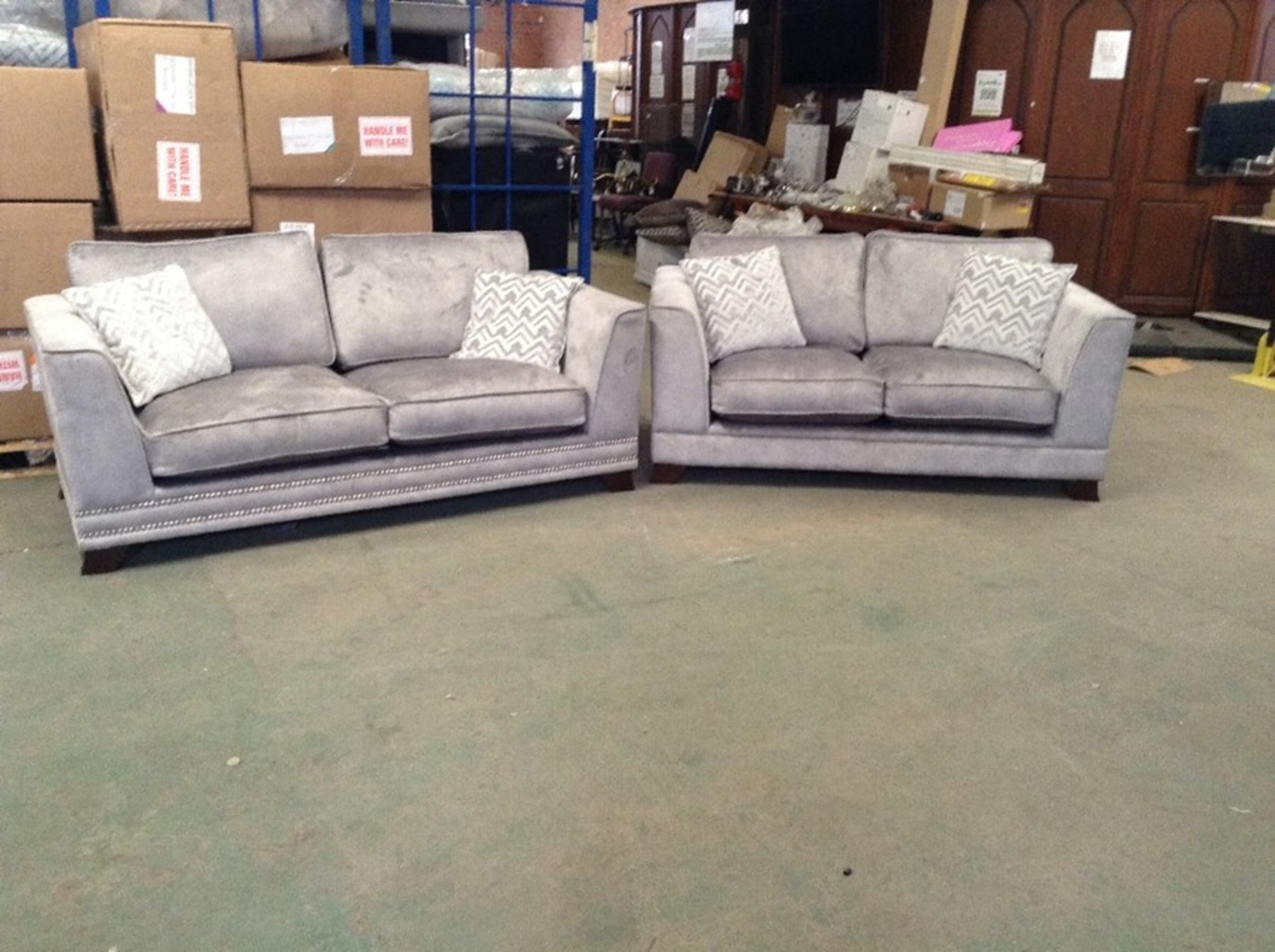 GREY SADDLE 3 SEATER, 2 SEATER (ONE SOFA WITH STUD - Image 2 of 2