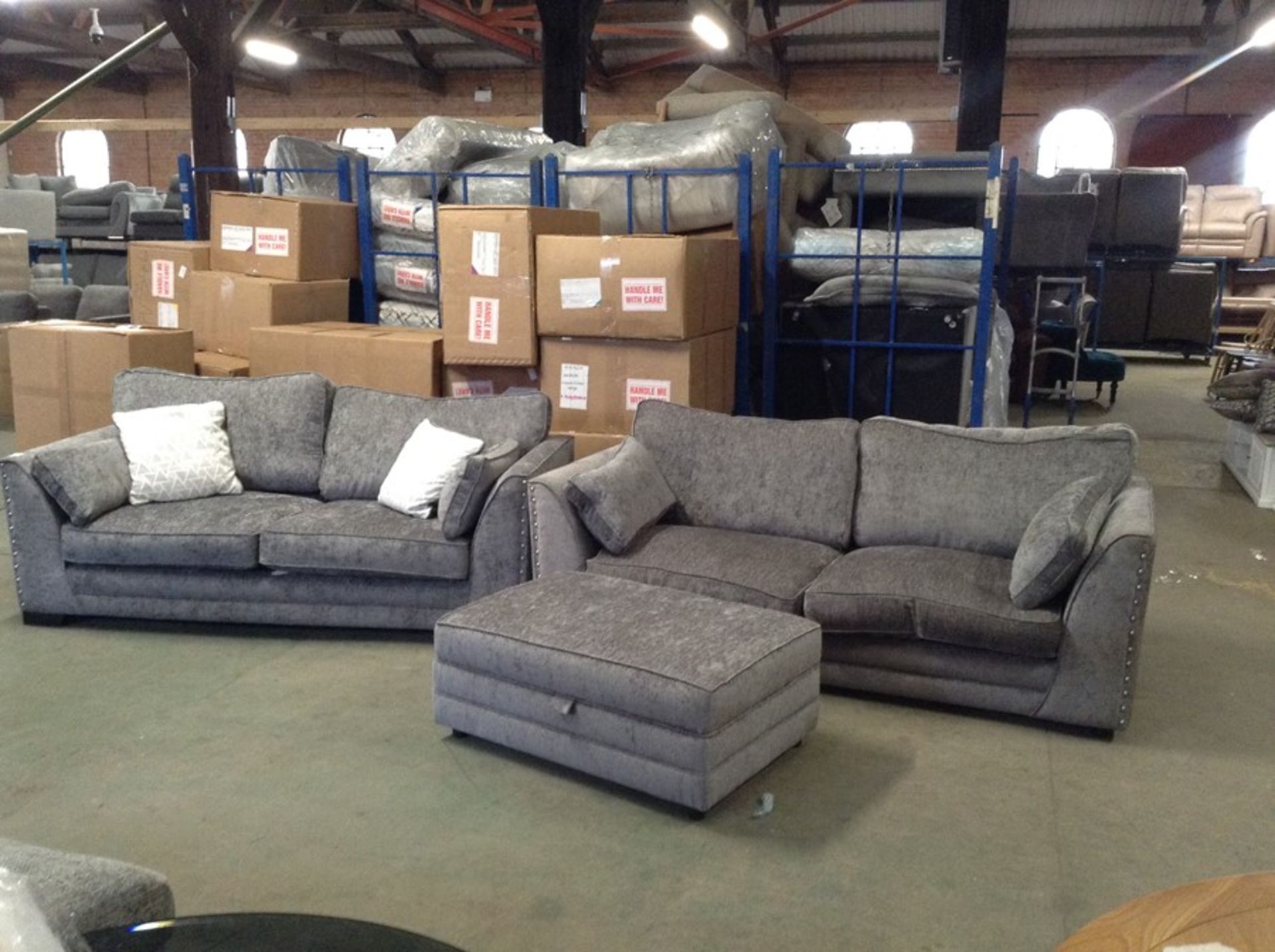 GREY FABRIC 2 X 3 SEATER SOFAS AND FOOTSTOOL (DAM