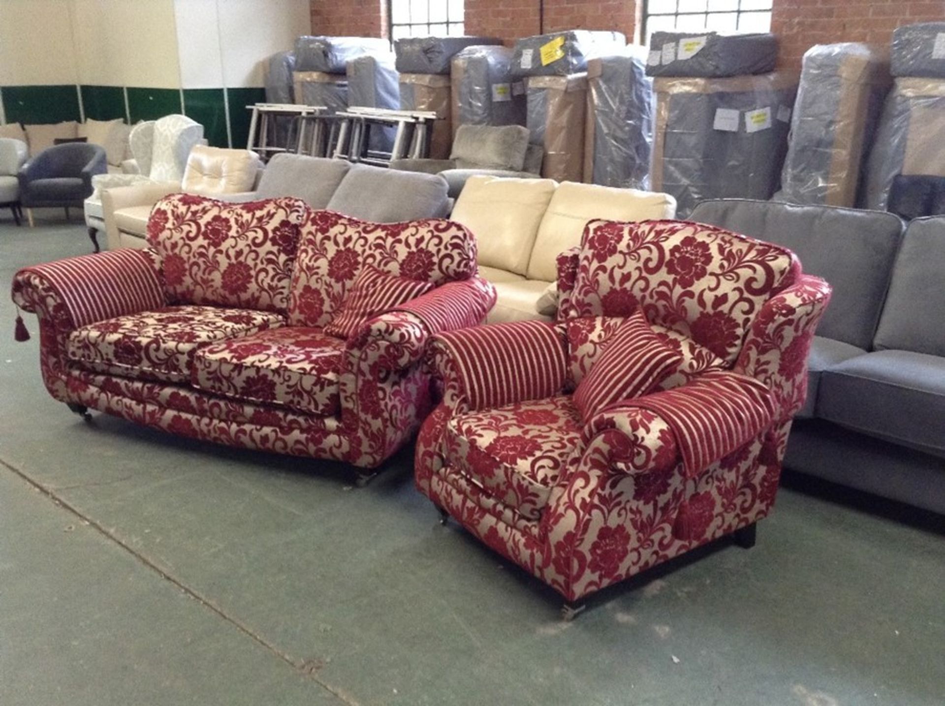 RED & GOLD FLORAL PATTERNED 2 SEATER & CHAIR