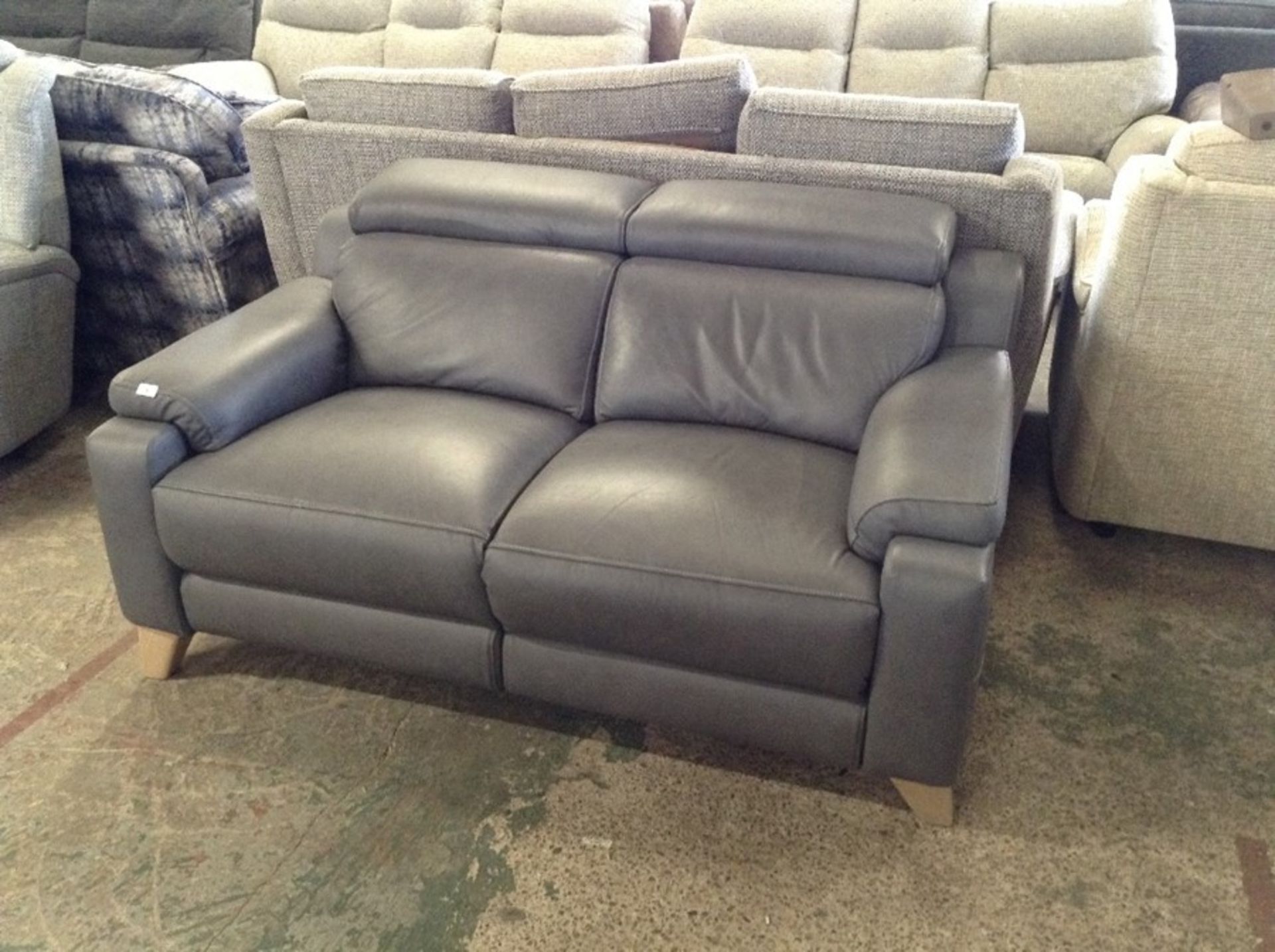 GREY LEATHER 2 SEATER WITH ADJUSTABLE HEAD REST (S