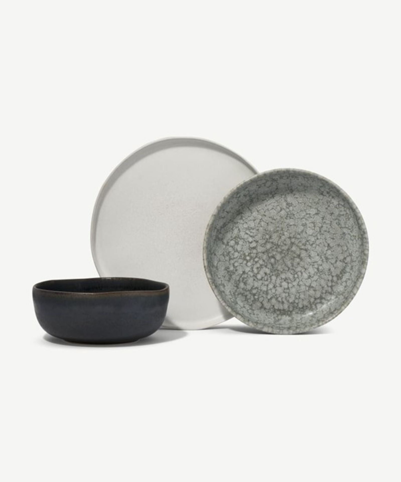 | 1x | Made.com Zaeden Mixed Reactive Glaze Dinner Set Off White Mottled Grey and Charcoal | BOWLS &