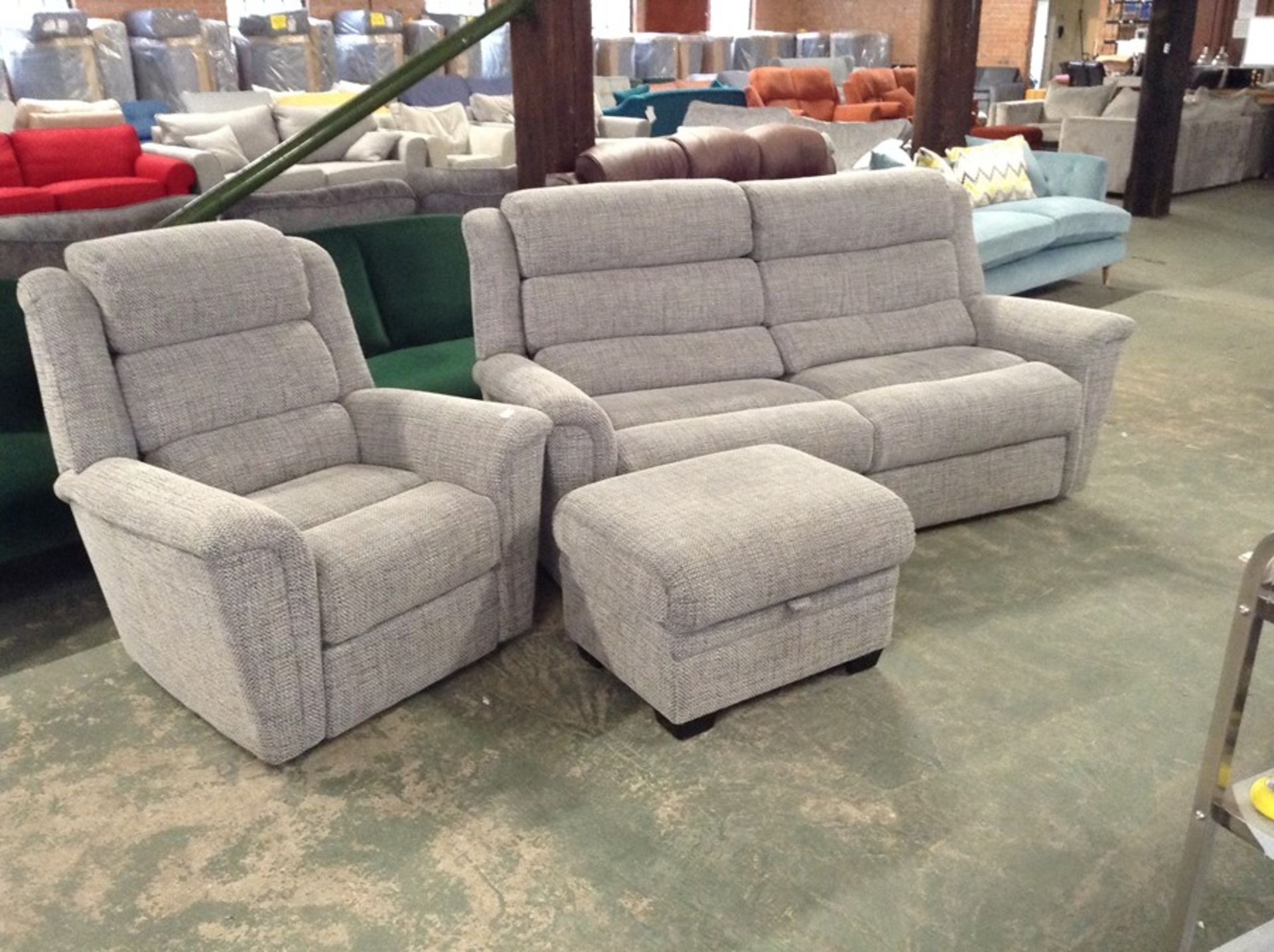 GREY PATTERNED HIGH BACK 3 SEATER SOFA CHAIR AND F
