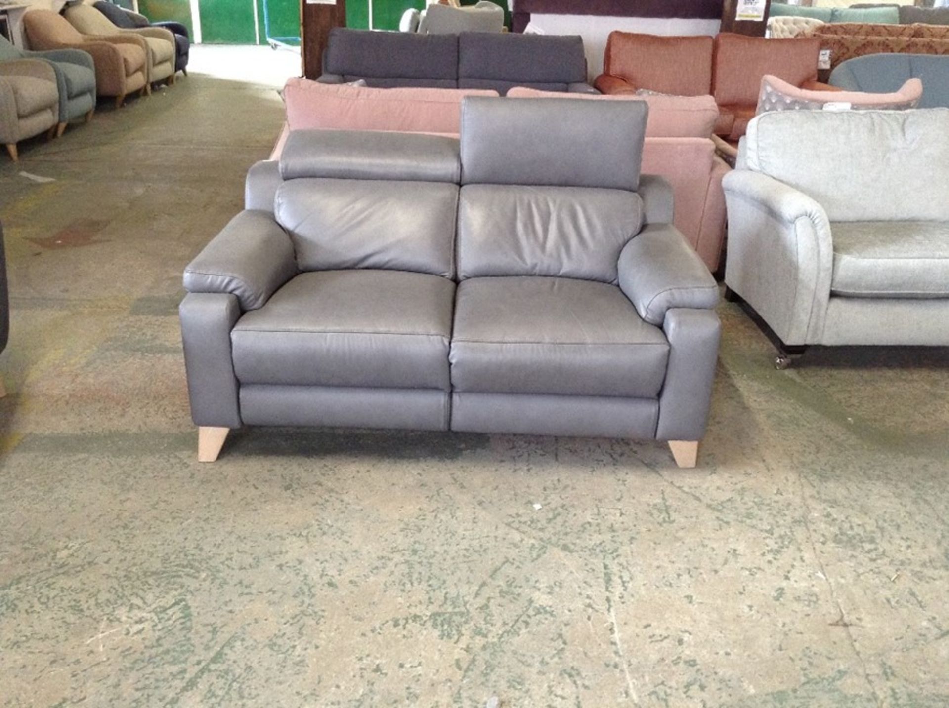 GREY LEATHER 2 SEATER WITH ADJUSTABLE HEADREST (WO