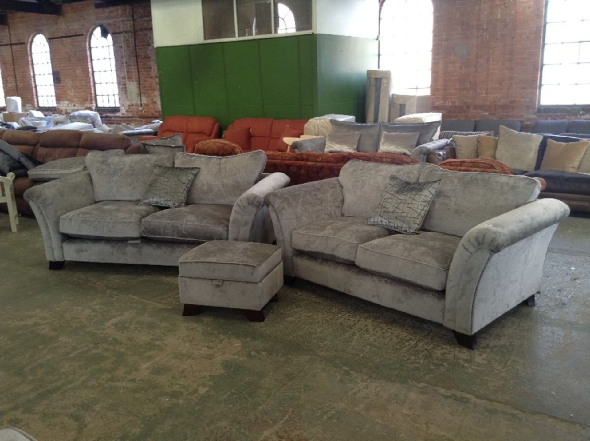 GREY PATTERNED 3 SEATER, 2 SEATER + STORAGE FOOTST