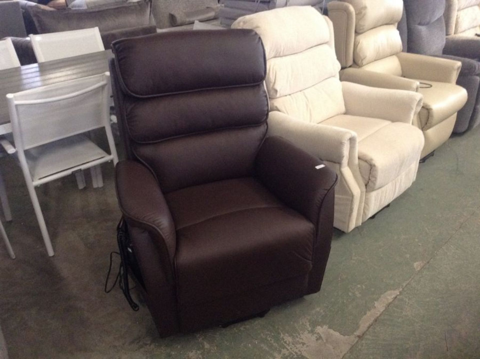 BROWN FAUX LEATHER RISE + RECLINE CHAIR (RETURN) (