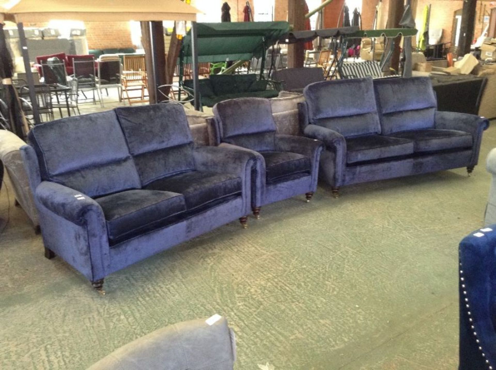 BLUE FABRIC HIGH BACK 3 SEATER SOFA 2 SEATER SOFA