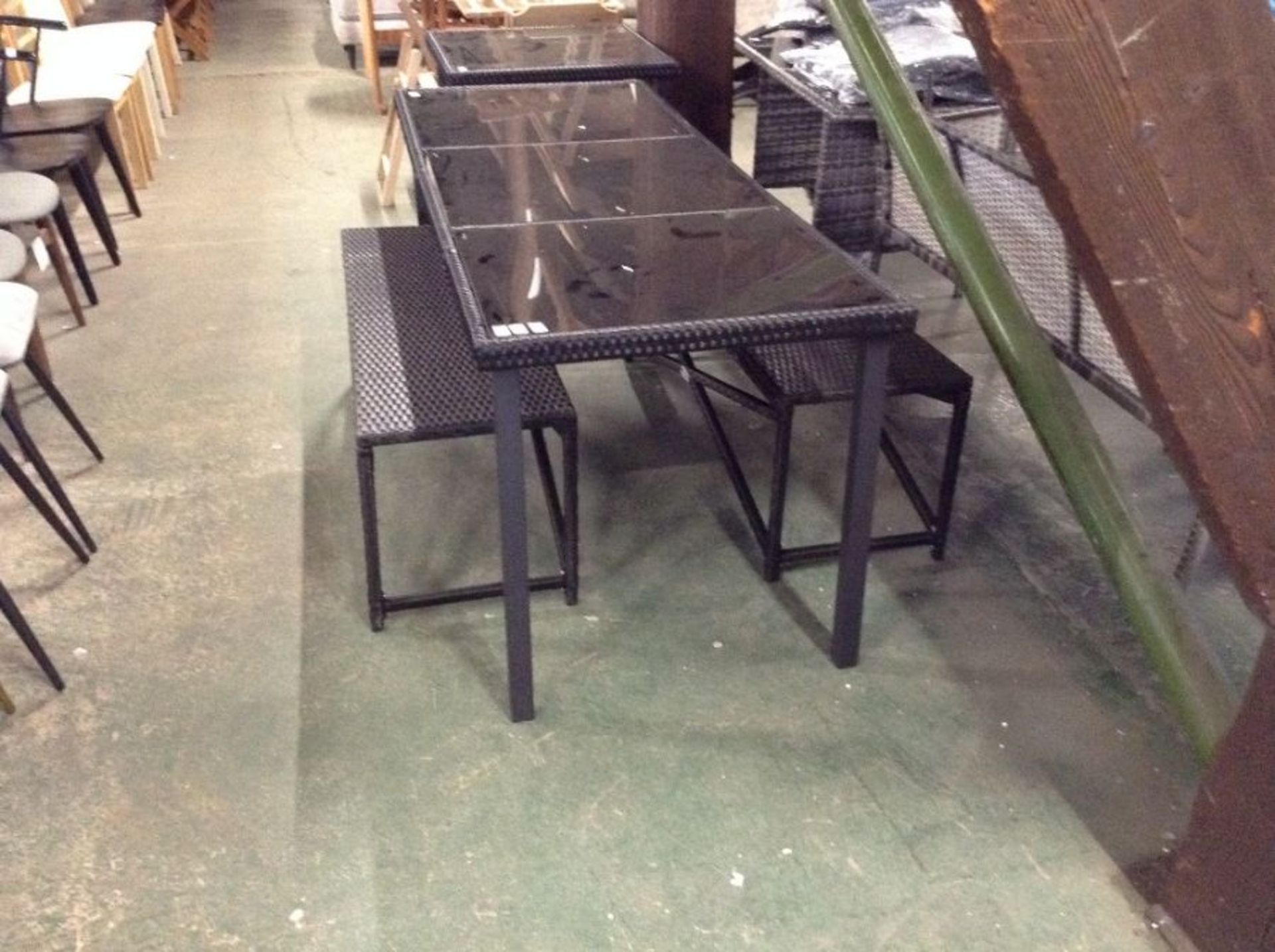 RATTAN GARDEN TABLE AND 2 X BENCHES(23572/4,23572/