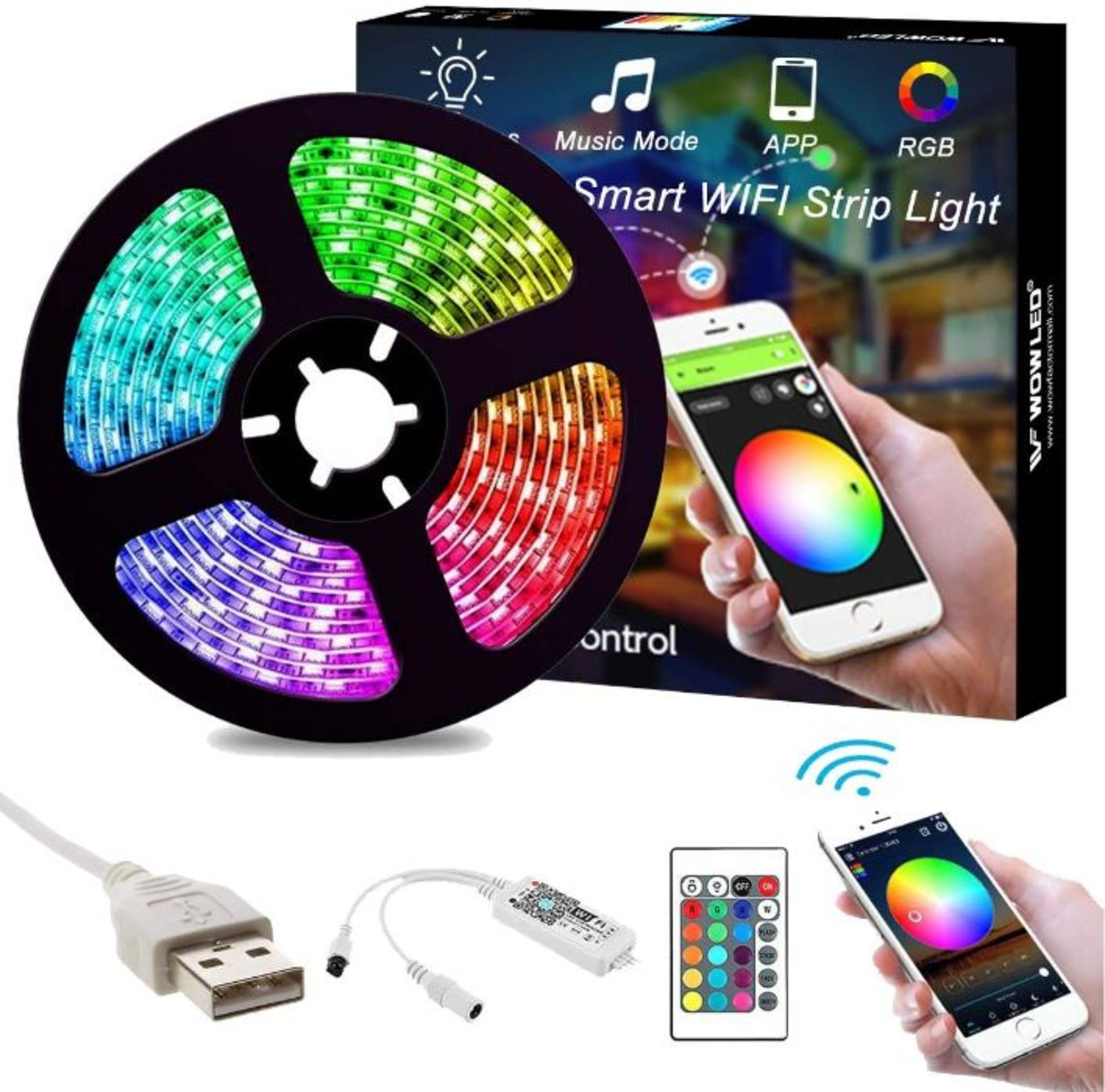 WOWLED WiFi Smart Strips, 5M RGB LED Strip Lights Flexible Smart WiFi RGB Strip Lighting 12V