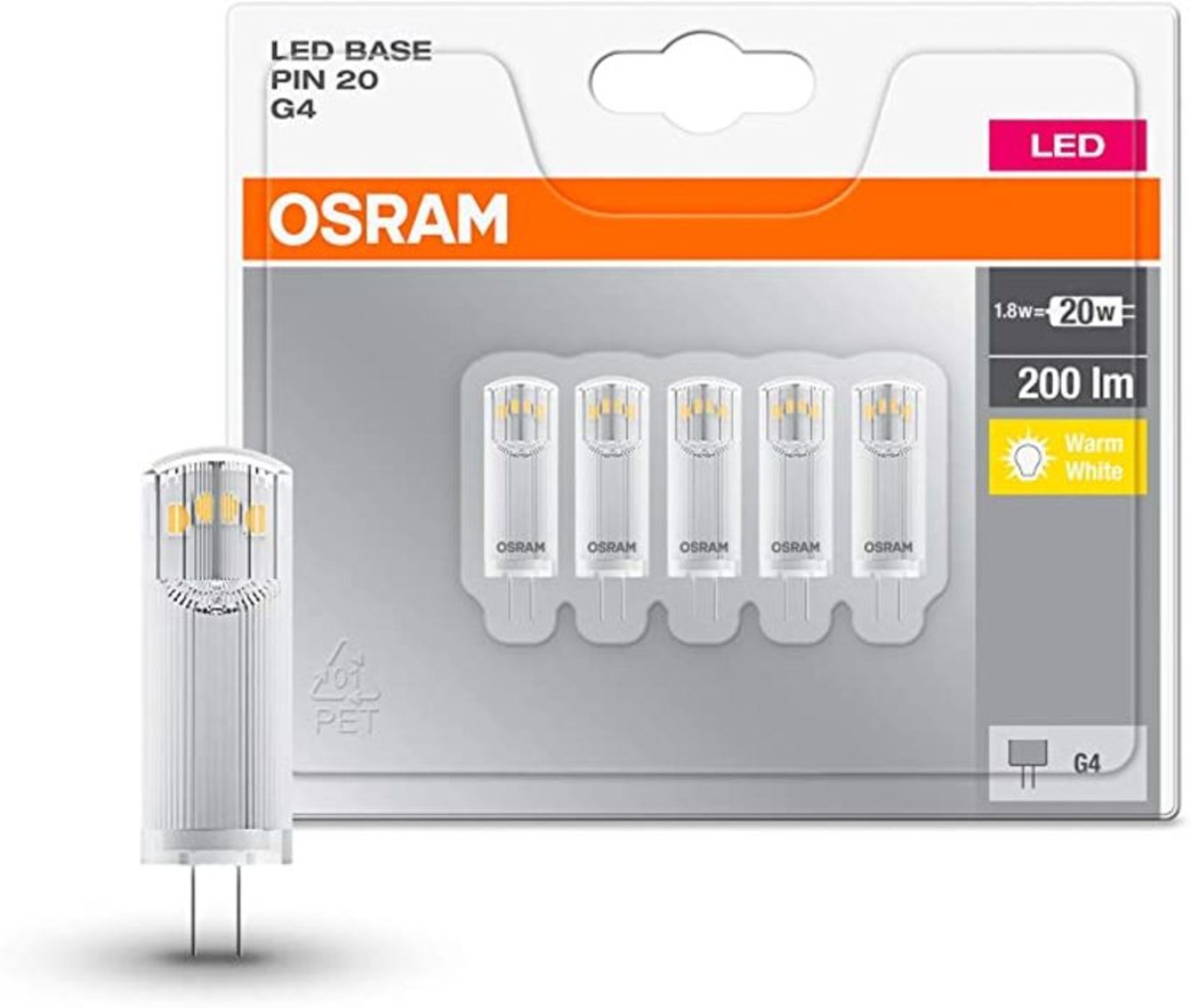 Osram LED Base Pin G4 12V / Lamp, G4, 1, 80W, 20W Replacement - Clear, Warm White, 2700K, Pack of