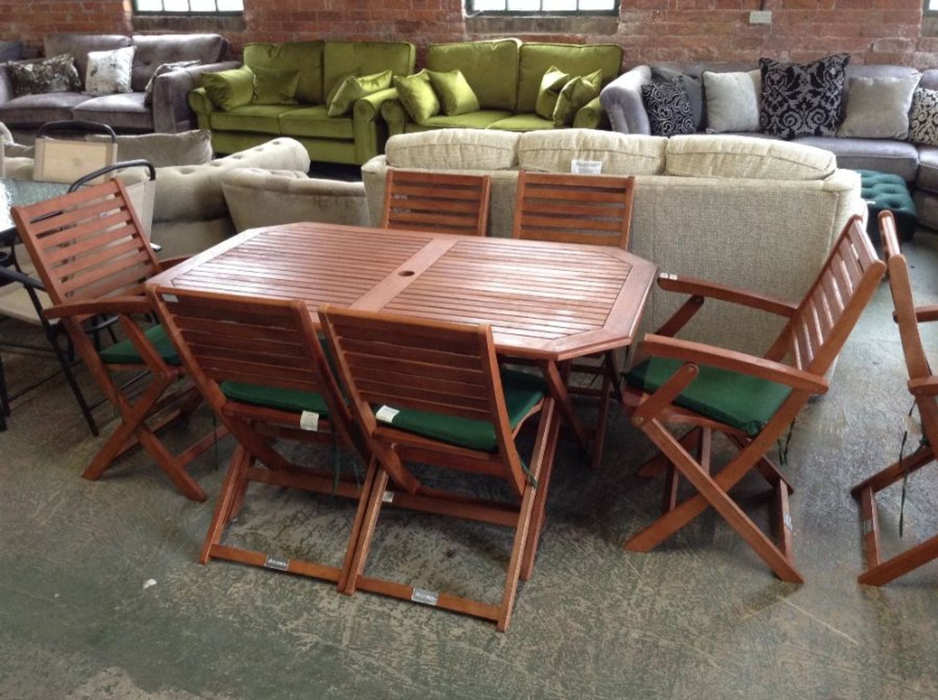 WOODEN GARDEN TABLE AND 6 CHAIRS (23688/5 22688/12
