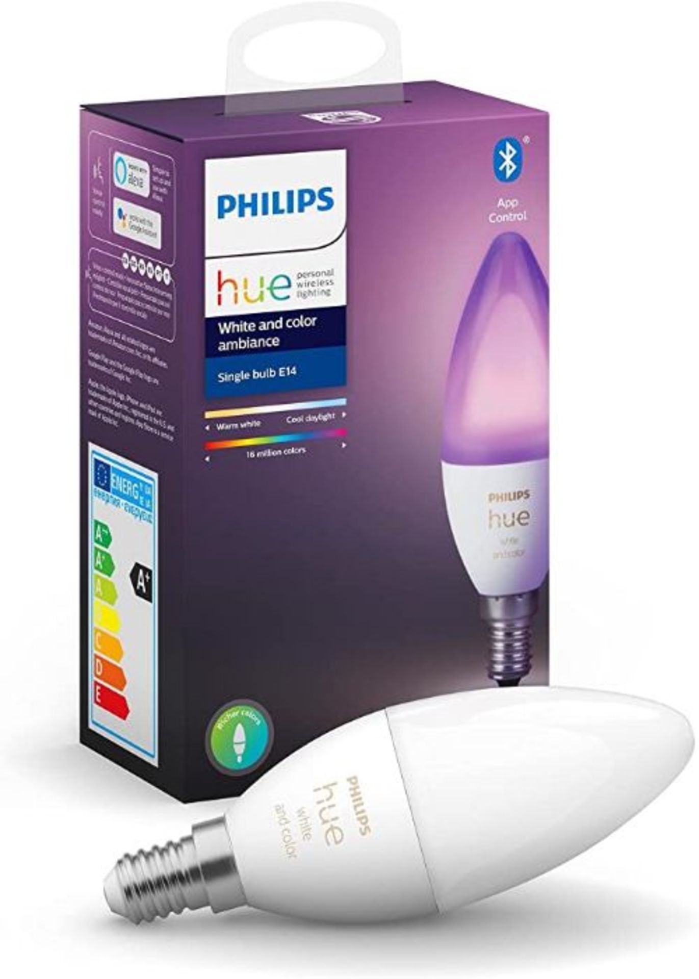 Philips Hue White and Colour ambience Single Bulb E14, Smart Bulb, White, Bluetooth/Zigbee, LED,