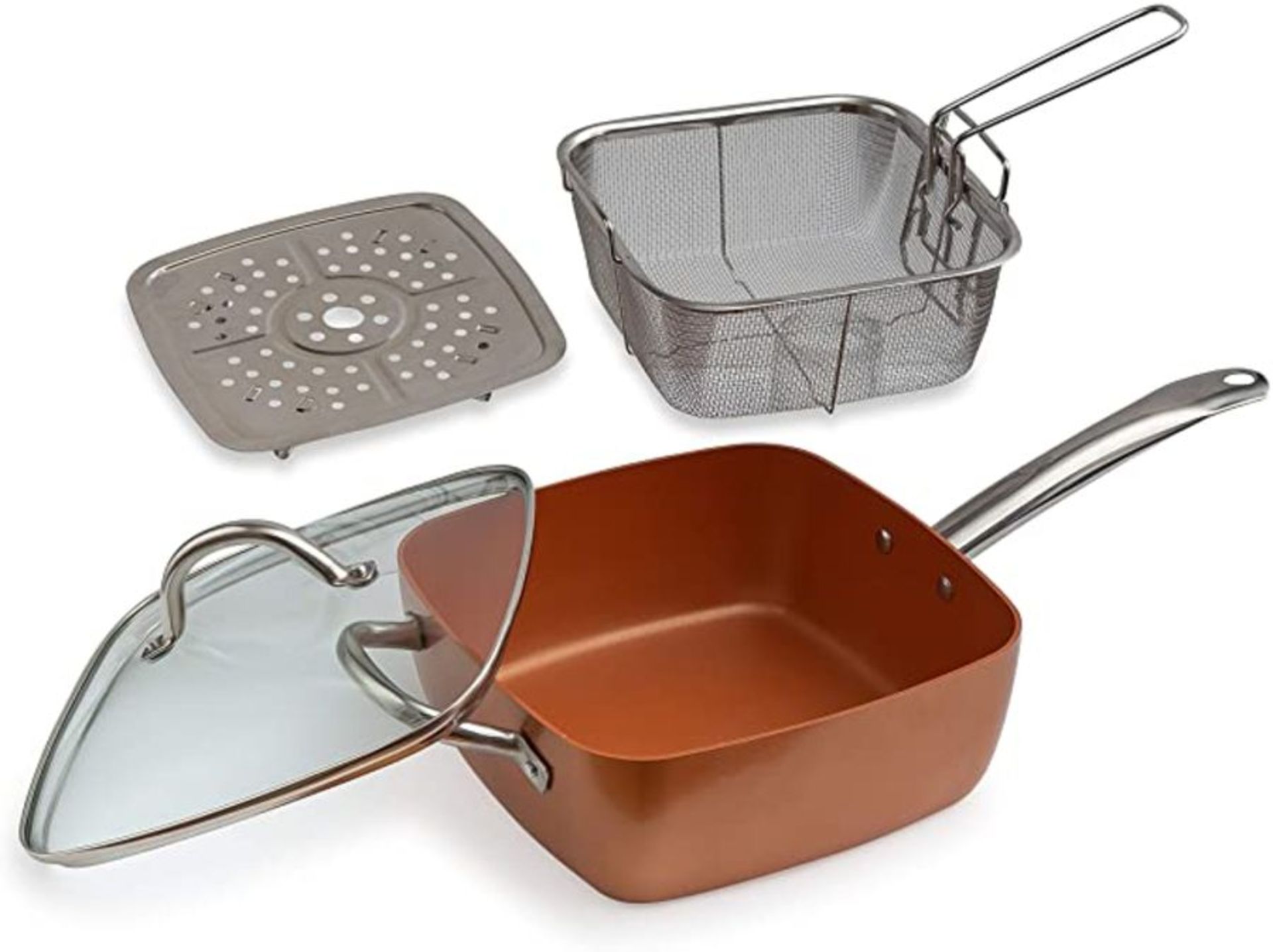 Copper Non-Stick Deep Sided Square Pan Kit with Lid 24cm 4 Piece Set Large Induction Base Great