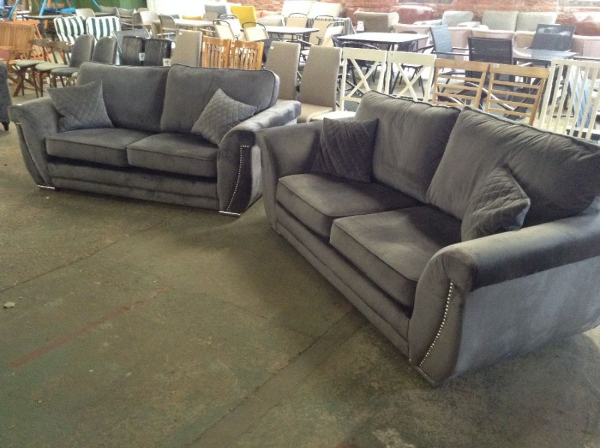 GREY VELVET 2 X 3 SEATER SOFAS