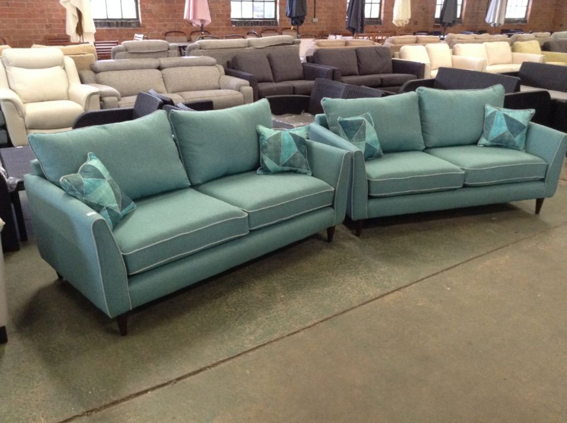 TEAL FABRIC 2 AND A HALF SEATER SOFAS X 2