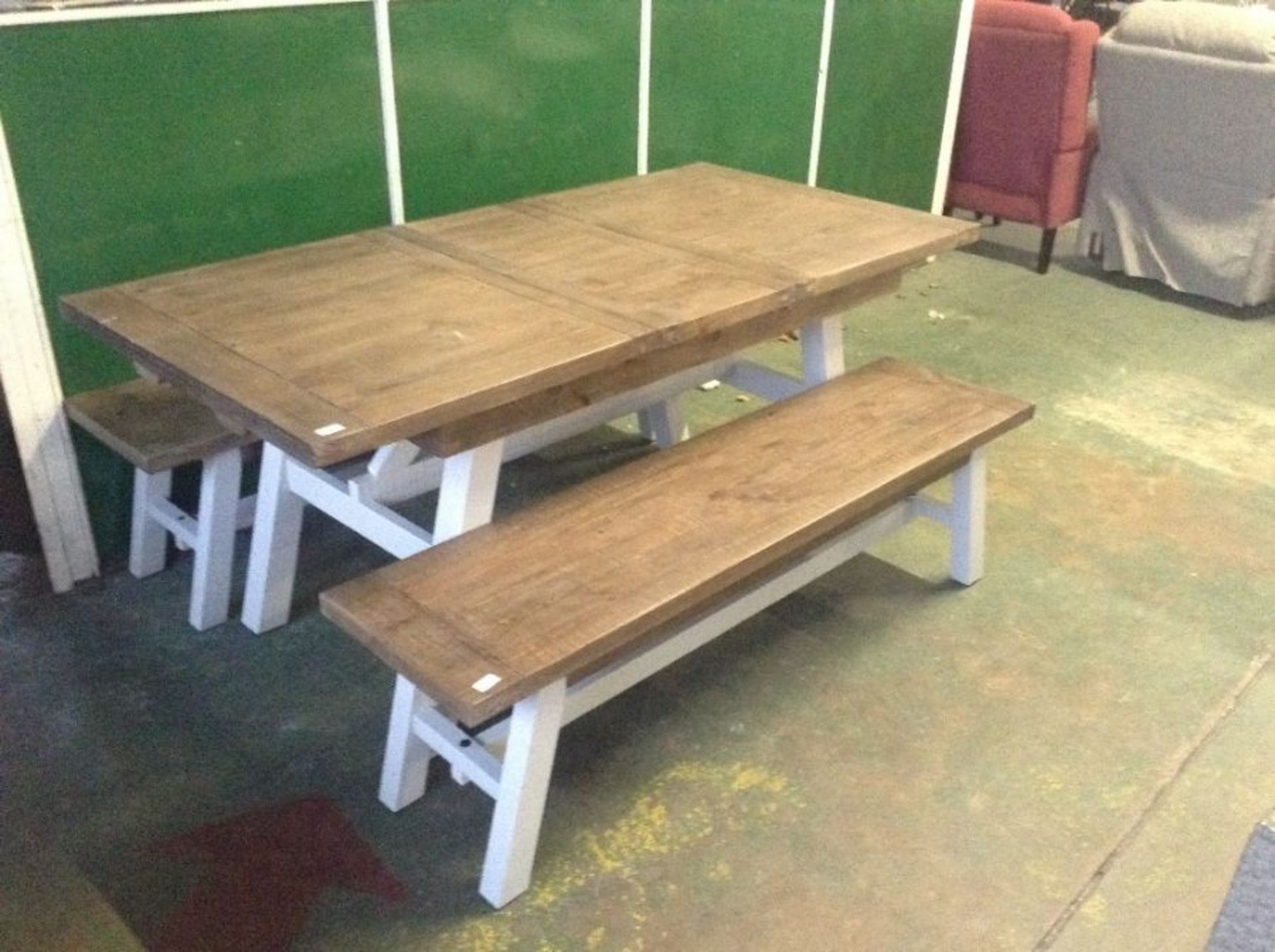 PAINTED AND PINE EXTEDING TABLE AND 2 X BENCHES (MARKED DAMAGED)
