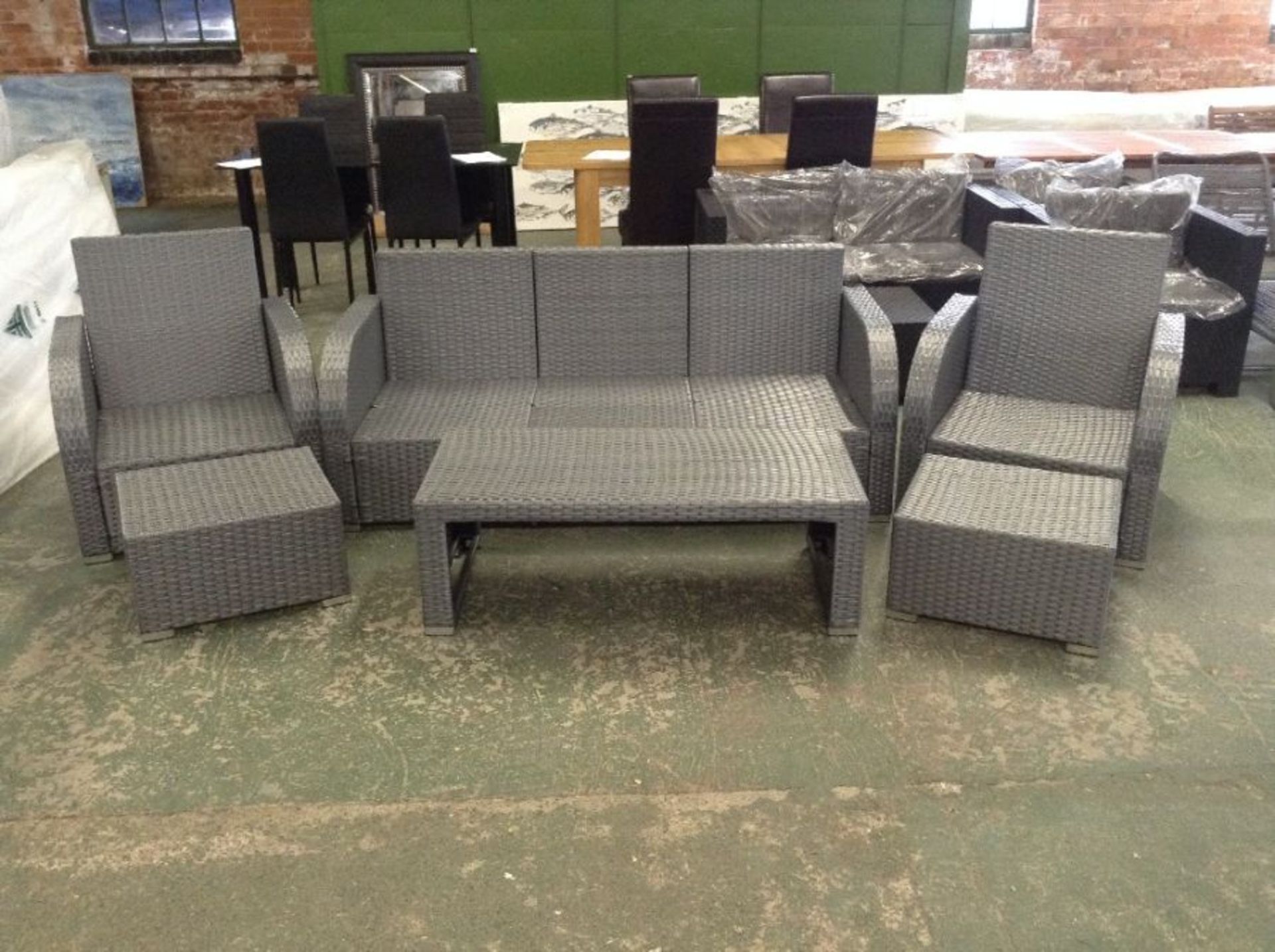 RATTAN 3 SEATER 2 X RECLINING CHAIRS AND 2 X STOOLS AND COFFEE