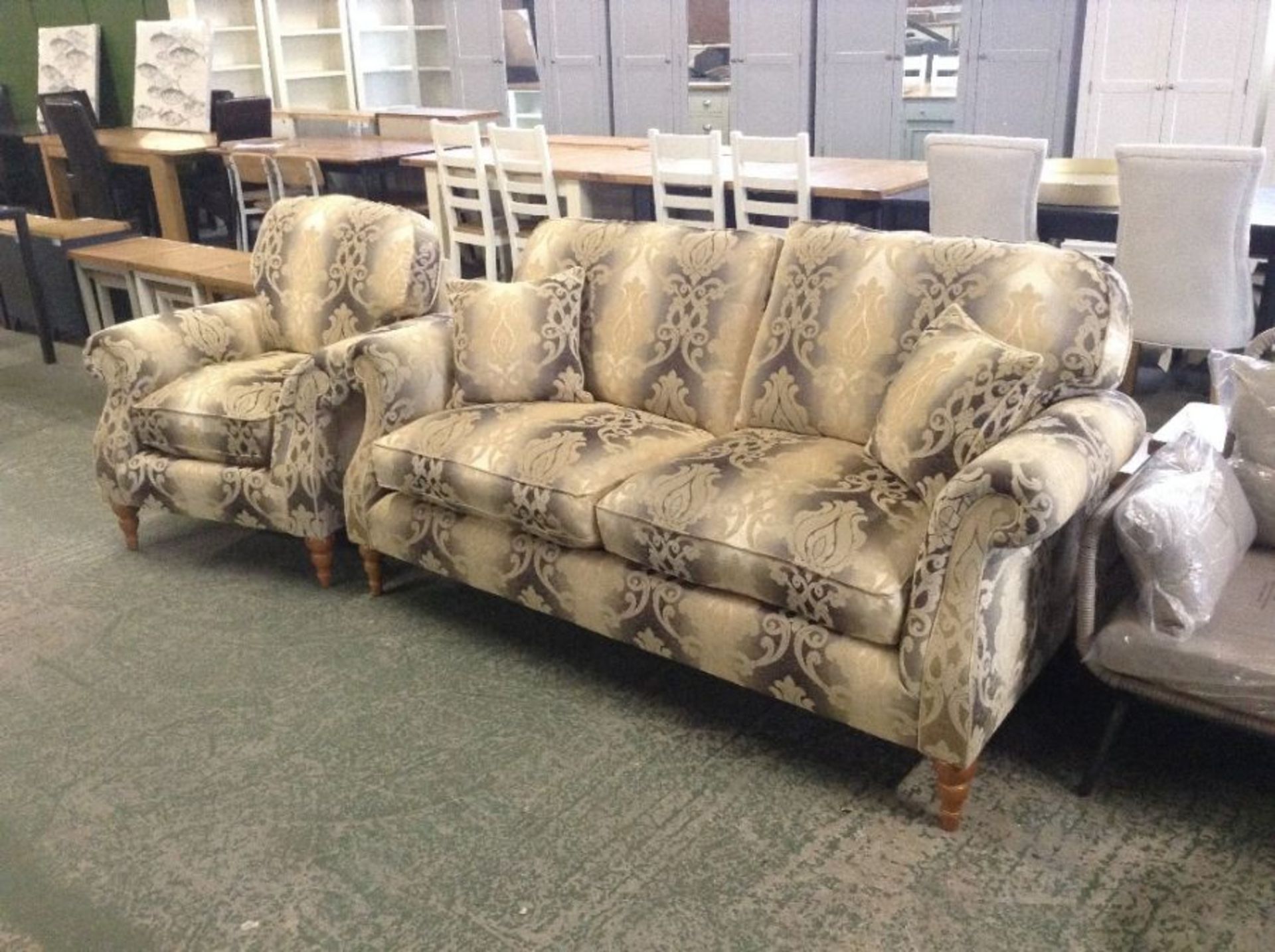 CREAM PATTERNED 3 SEATER SOFA AND CHAIR