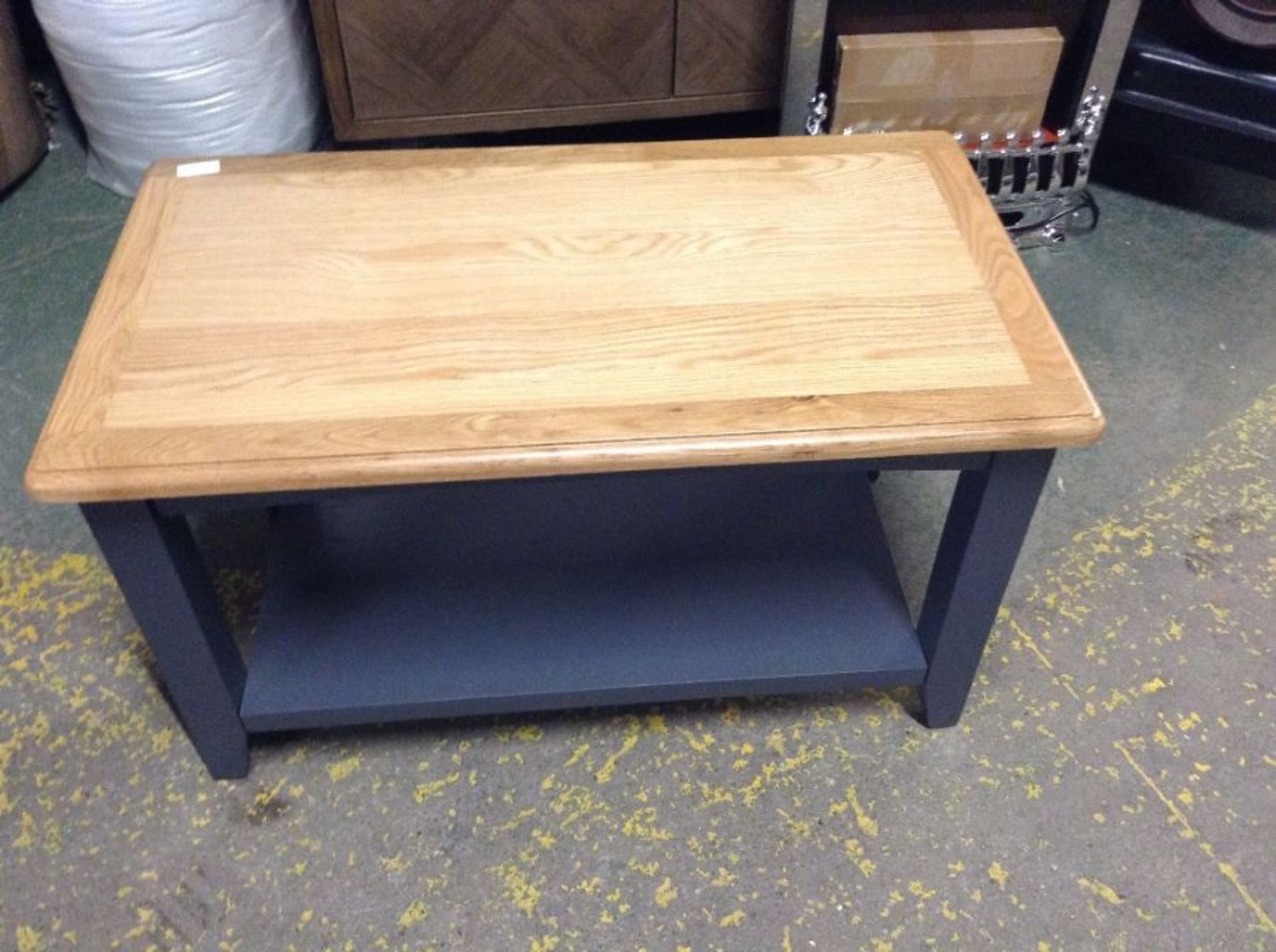 BLUE PAINTED AND OAK COFFEE TABLR