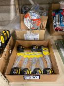 Lot of Asst. Tape Measures, Fixed Blade Utility Knives, Metal Pulleys, Plastic Bags, etc.