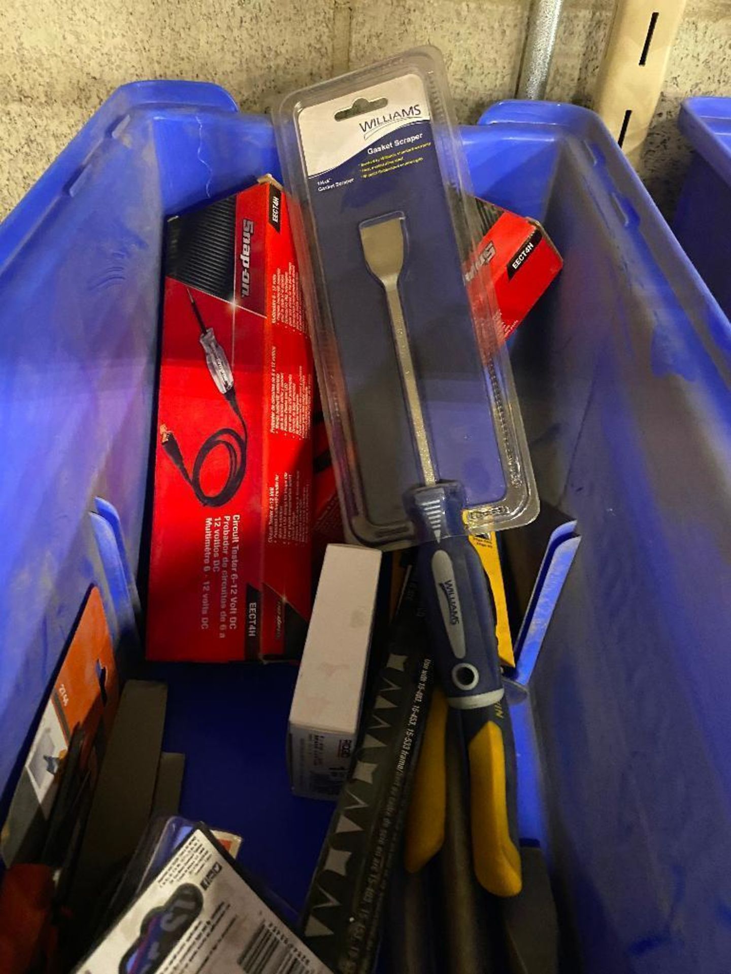 Parts Bin w/ Asst. Hand Tools including Circuit Testers, Bow Saw Blades, Cutting Pliers, Chisel Bits - Image 2 of 3