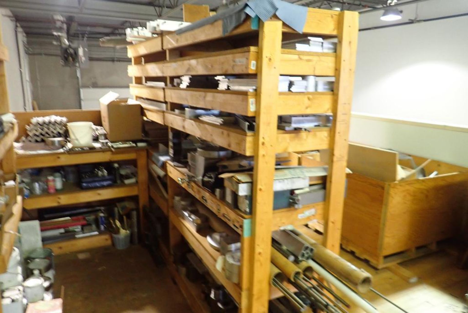 Contents of 7 Sections Wood Shelving including Scrap Metal, Electric Motors, etc.