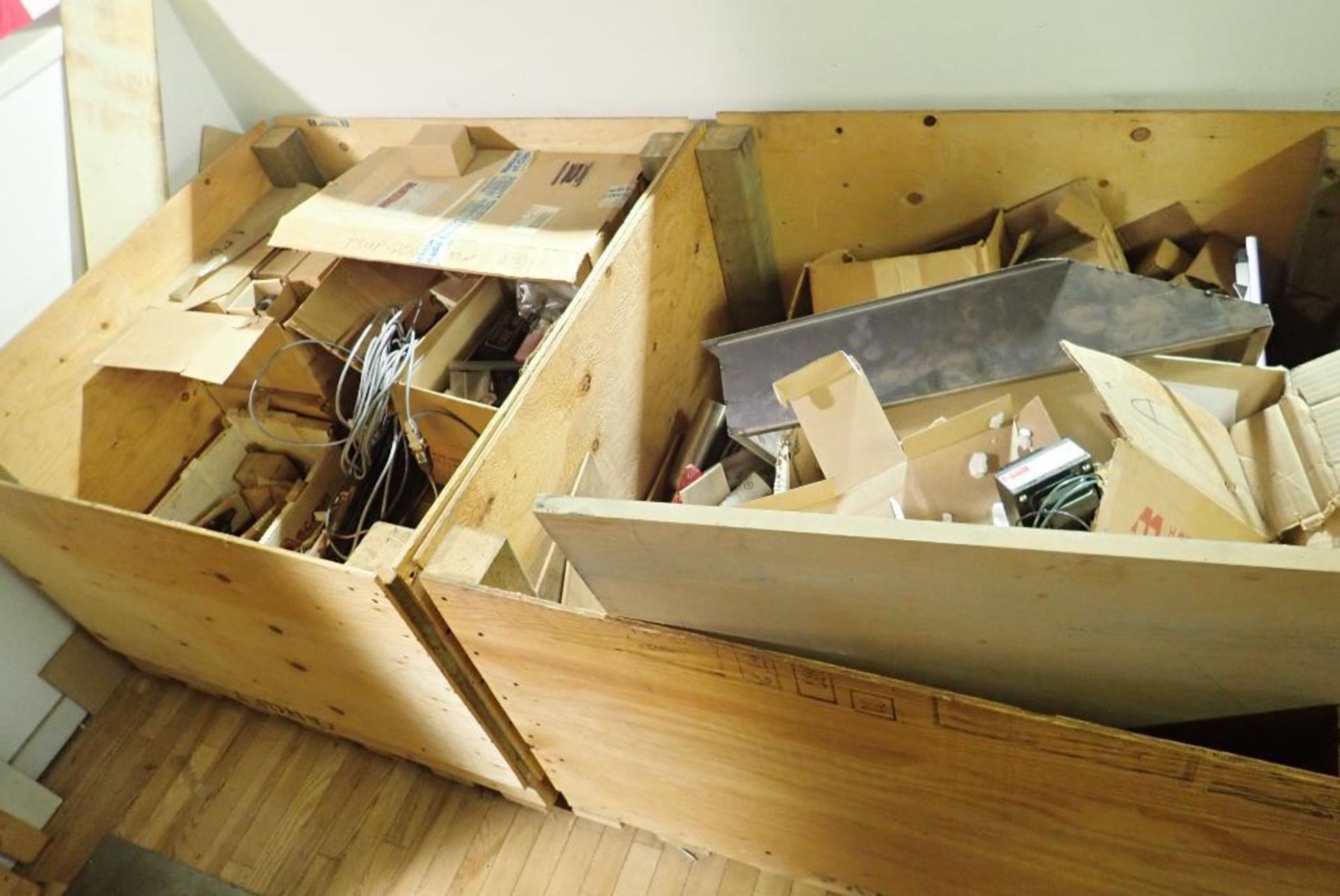 Lot of 2 Wooden Crates w/ Asst. Parts, Transformers, etc.