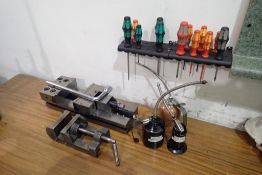 Lot of Gerardi 6" Machinist Vice, Drill Press Vice, Precision Screwdriver Set and Oil Cans.