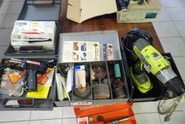 Lot of Ryobi 18V Cordless Drill w/ Charger, Electric Eraser, Sanding Wheels, Soldering Kits, etc.